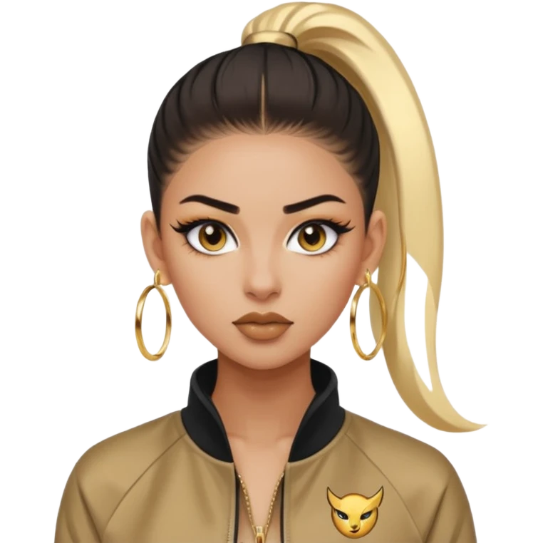 “Emoji girl, fierce confident expression, sharp winged eyeliner, bold brows, matte nude lips, long lashes, sleek high ponytail, wearing gold hoop earrings and sporty streetwear jacket.” emoji