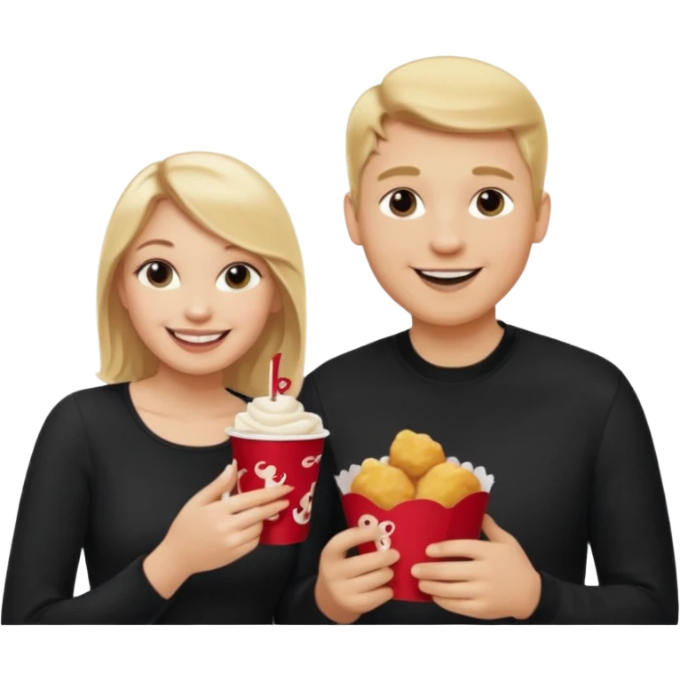 Couple with blonde hair wearing black eating chick filet  emoji