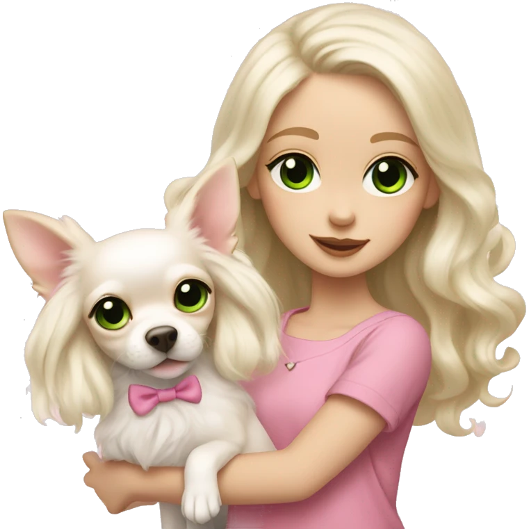 pale blond girl with wavy long platinum hair with green eyes holding a white chihuahua puppy that wearing a pink bow emoji