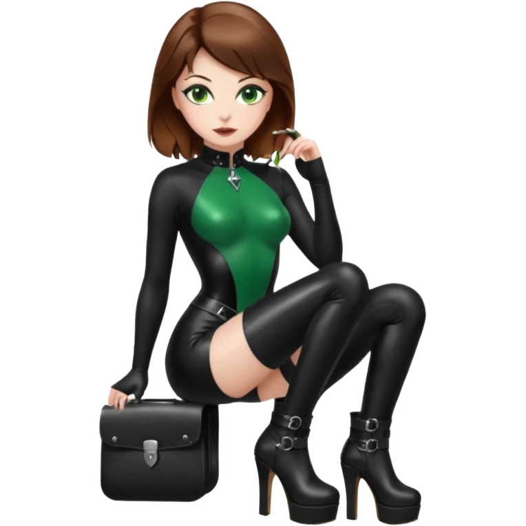 Create Dominatrix in black latex clothes,green eyes,brown hair and platform boots emoji