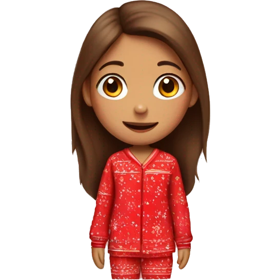 girl with long brown hair, in red New Year's pajamas with bears emoji