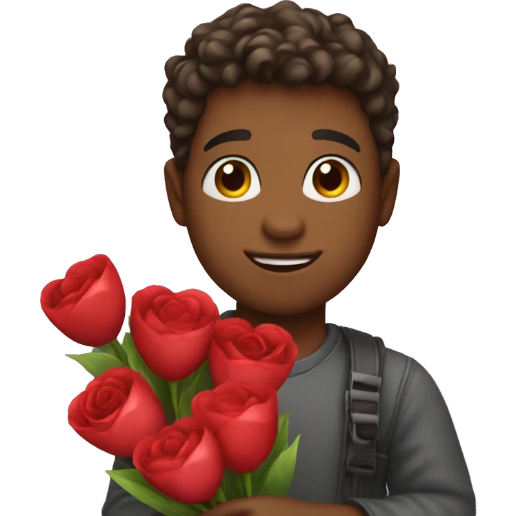 Boy holding valentine's day bouquet in hand emoji