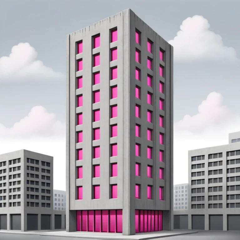 Tall gray brutalist concrete tower with one bright pink window among many regular gray windows emoji
