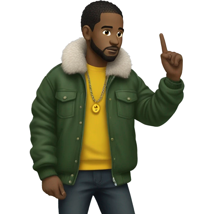 Side profile of a hip hop artist. He is holding a mic in one hand. That arm is pointing down. He's wearing a puffy dark green jacket. The jacket has a furry yellow collar.  emoji