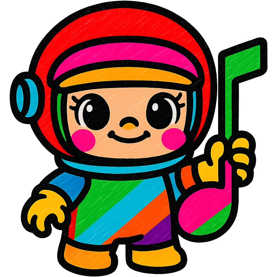 Add more vibrant colors to Popmart Space Molly as a Rednote emoji, keep playful and musical vibe, make helmet, suit, and musical notes multicolored, maintain cute cartoon style, no background. emoji