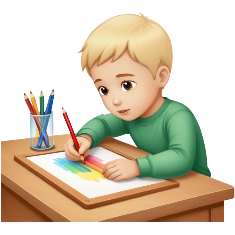 little boy drawing with pencils on white paper and wooden board emoji