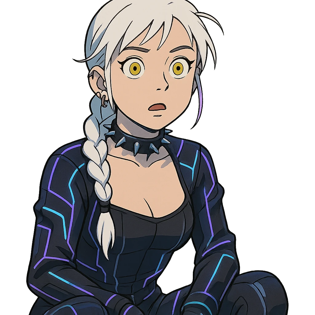 a shocked facial expression, a closeup portrait of young woman with gold yellow eyes, white hair, long braid, black off-shoulder top d-cup, punk gothic style, futuristic cyberwave cyberpunk, sitting position emoji