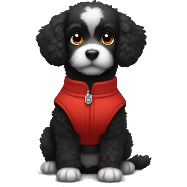 small completely black fluffy puppy wearing red vest emoji