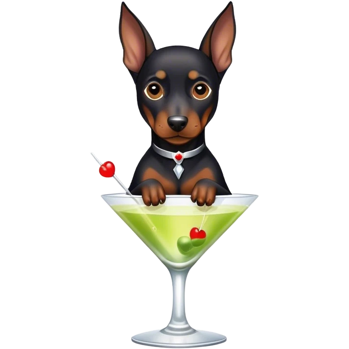 Black Miniature Doberman with cropped ears, sitting in a martini emoji