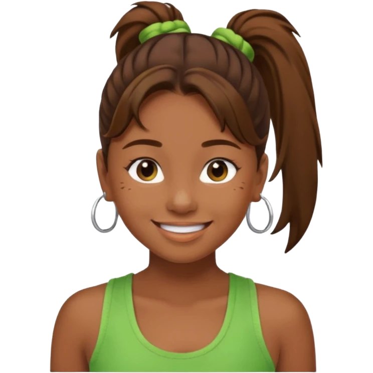Девушка с хвостом, коричневые волосы и две пряди у лица, в зеленой майке радуется emoji