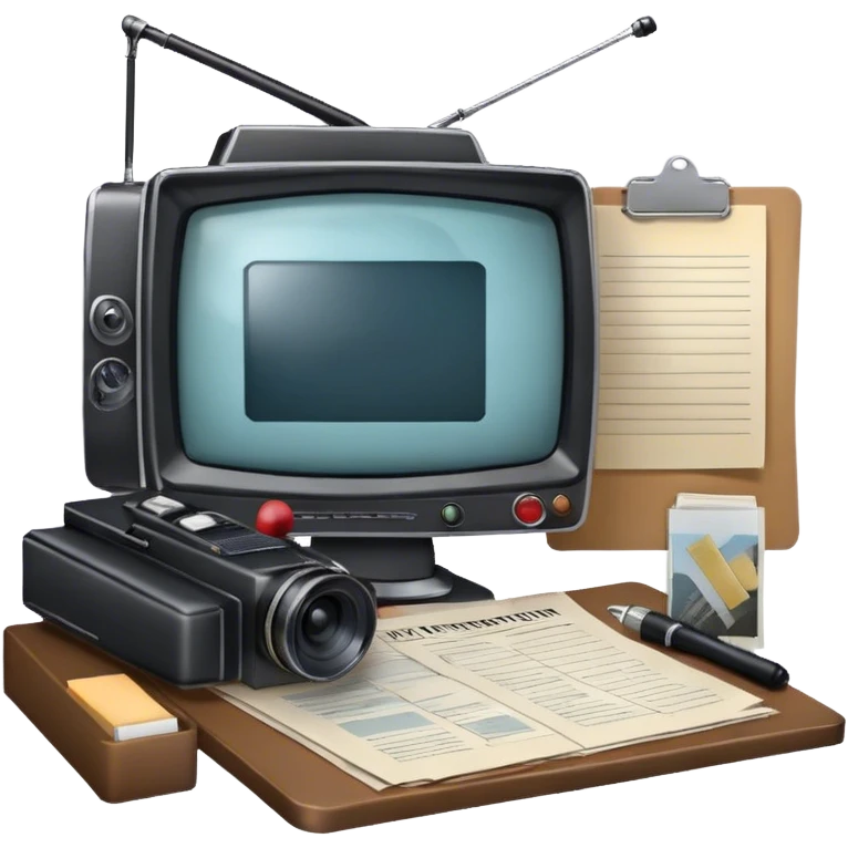 Icon for Documentary Film: A TV show-style design with a large screen displaying a documentary scene. Include papers, a clipboard, and files scattered around, along with a microphone and camera. The design should evoke a news or investigative TV program vibe. Transparent background. emoji