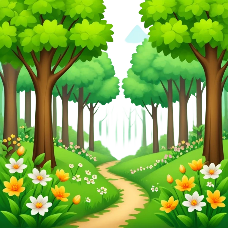 spring season in a forest with trees having fresh green leaves and blooming flowers, bright and cheerful emoji