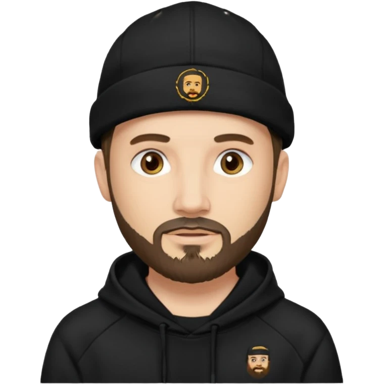 Hombre de ojos claros, con barba fina y perilla, gorra negra bordada, y sudadera negra emoji