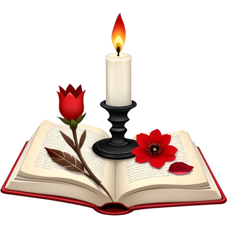 Aesthetic candle, quill dipped inside ink-glass, open book, flower petals emoji