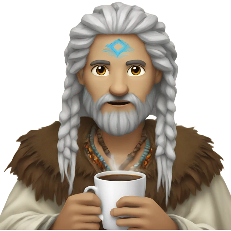 Handsome Bearded white skinned Shaman drinks coffee emoji