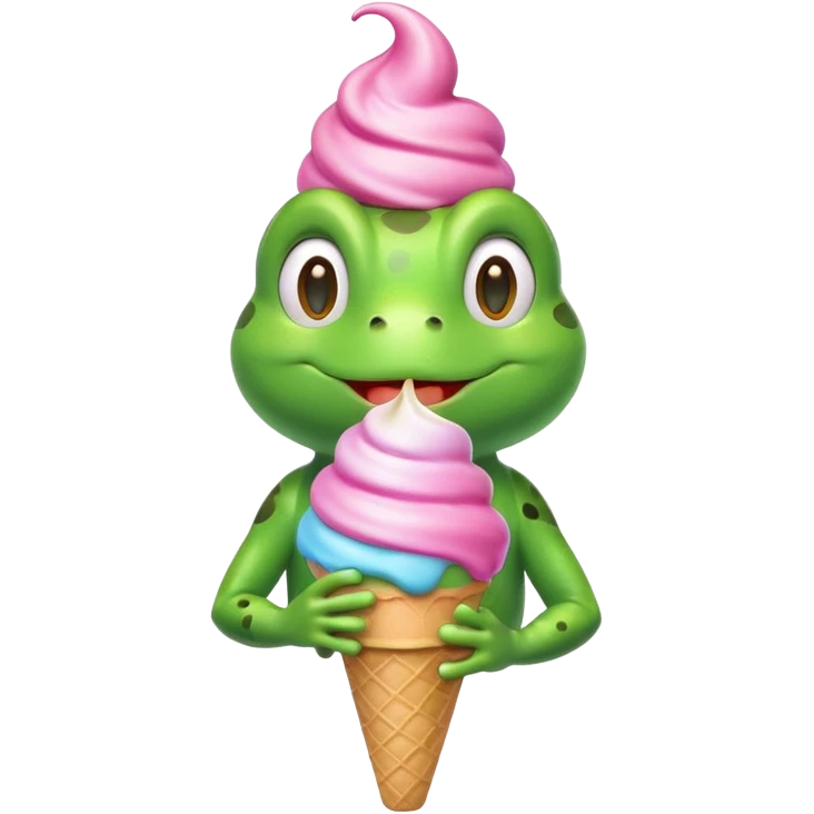 cute frog eating ice cream, happy face, holding a colorful ice cream cone, 3D cartoon, mobile game icon style, bright colors, soft shadows, clean background, no text, no watermark
 emoji