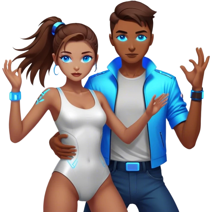 Neon cyberpunk style 
girl with brown hair and blue eyes dance with man emoji