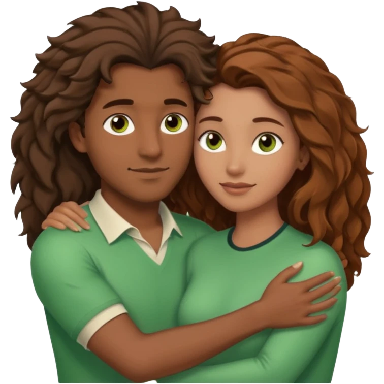 Couple embracing with arms around each other; black woman with brown eyes and lush hair, fair white man with brown hair and green eyes emoji