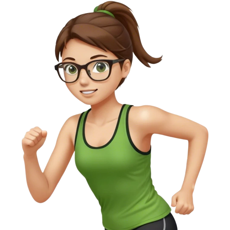 pretty girl glasses brown hair in a ponytail green tank top running emoji