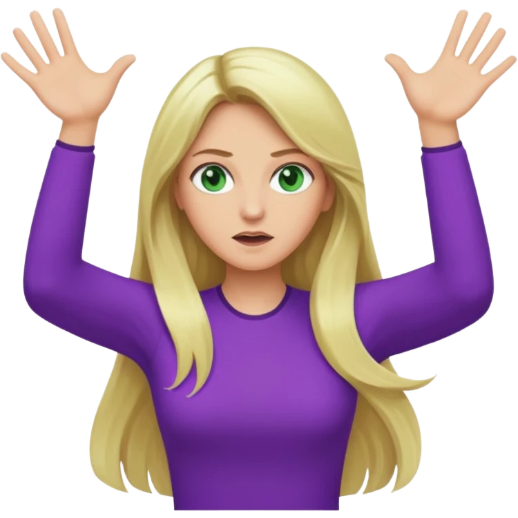 lady with long blonde hair, green eyes and purple top throwing arms in the as if confused emoji