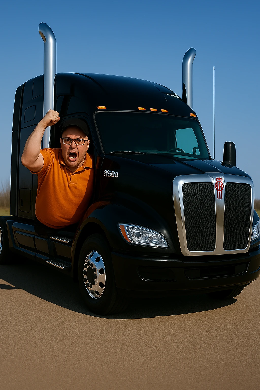 Place the angry bald man wearing an orange shirt, glasses, and a baseball cap inside the 2026 Kenworth W680 black sleeper semi truck, hanging out of the driver's side window but mostly inside the cab. The scene should be bright and vivid with clear details of the truck and the man. emoji