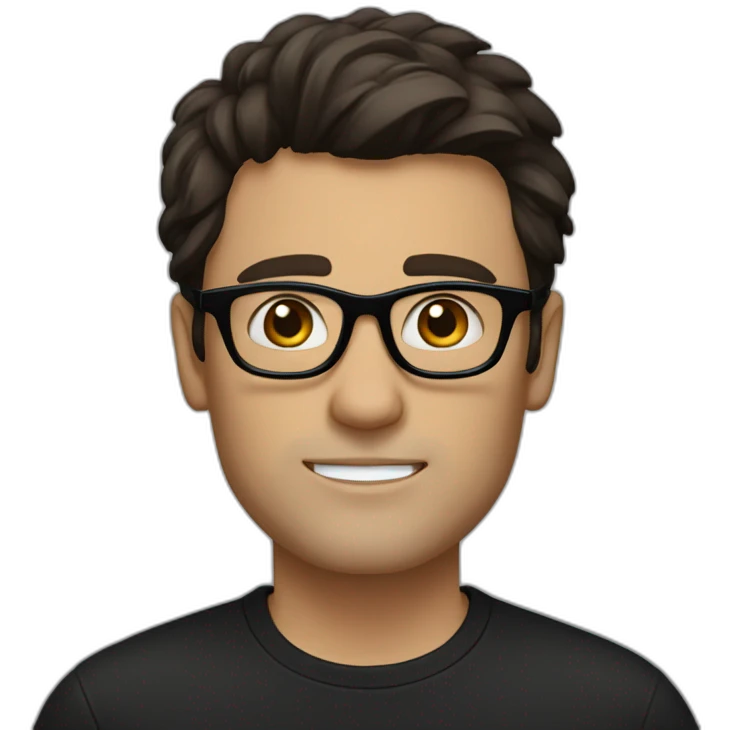 a slim white man with messy short dark brown hair, with a black t-shirt, black rectangular glasses emoji
