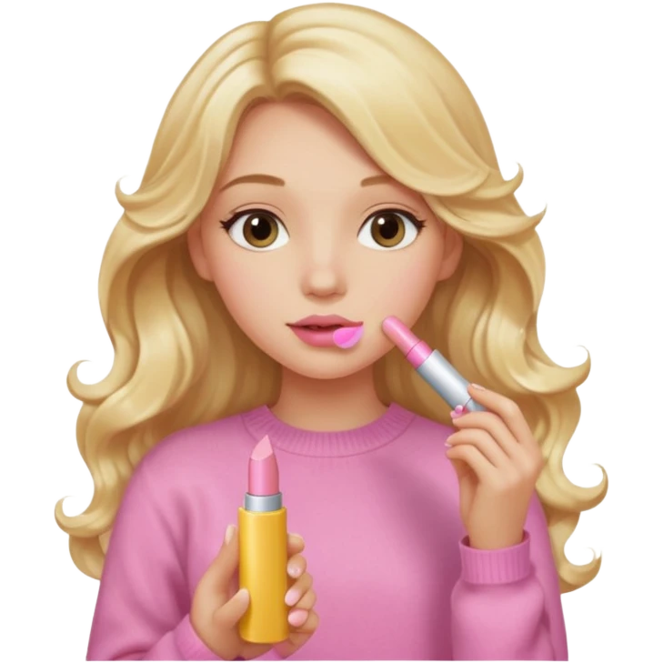 A long curled blonde haired  young girl with a pink sweater and holding a clear lip gloss emoji