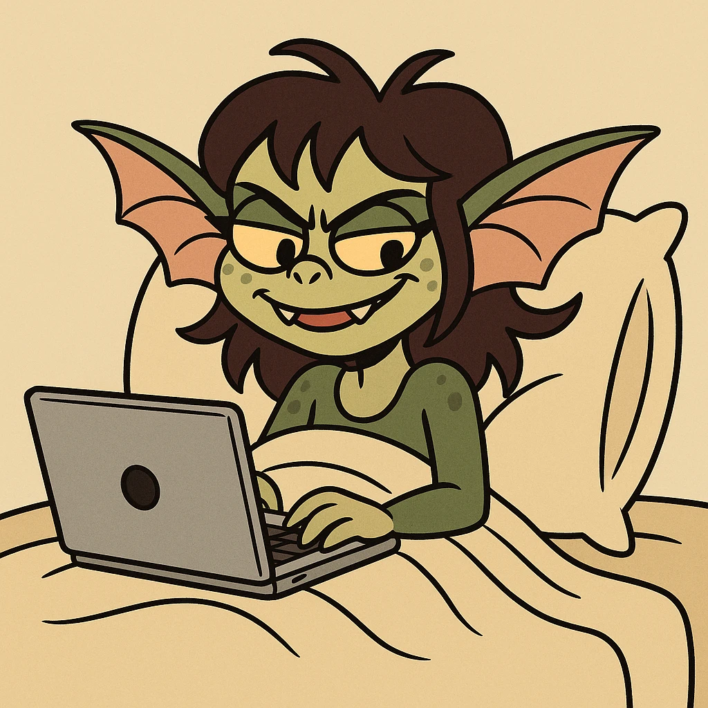 cartoon style gremlin girl with dark brown hair, pretending to work from bed, mischievous smile, laptop, cozy blanket emoji