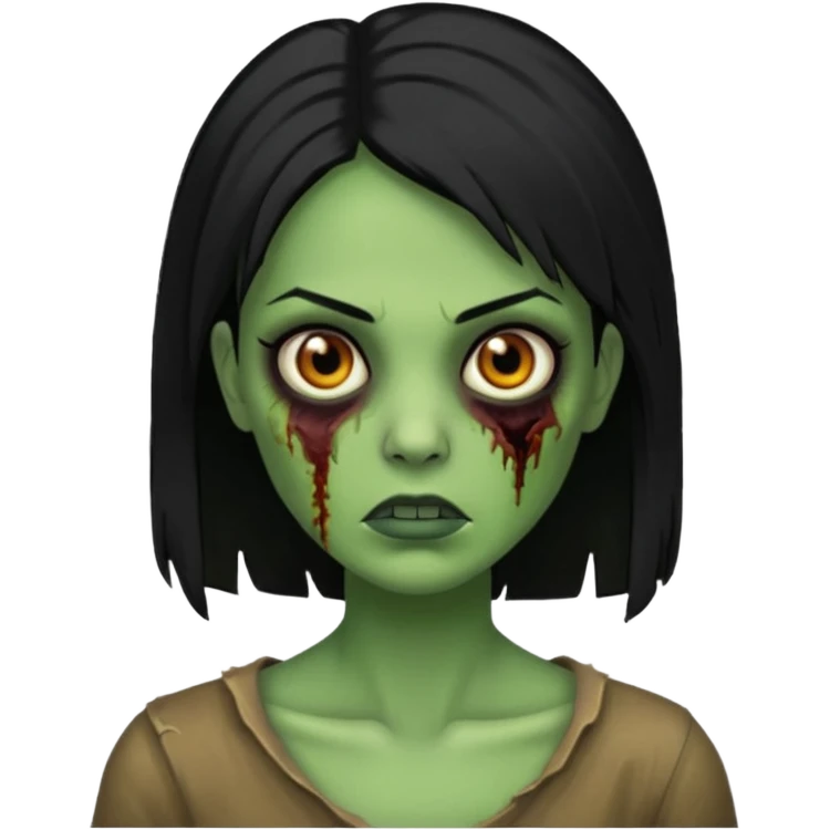 Faça uma zombie verde mulher com cabelos pretos e lisos de olhos castanhos emoji