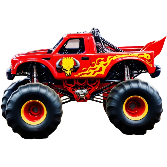 El Toro Loco - Monster Jam (Model Year: 2022) (Iconic colour: Red with horns) - An eye-catching monster truck with a wild, rebellious design in bold red. Include stylized, large horn graphics and aggressive facial elements that evoke a bull-like, ferocious appearance, exuding daring and unstoppable force. emoji