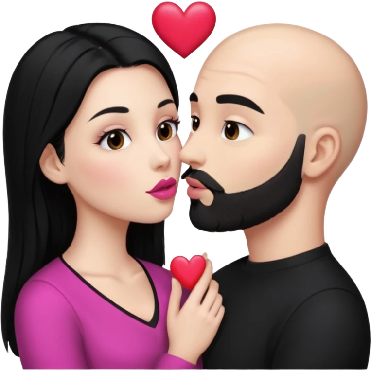 👩🏻‍❤️‍💋‍👨🏻 this one but the man should be bald. white woman with long black hair and white bald young man whoitiut hair and a heart between their heads. she has pink lips and both have brown eyes. he has e full beard but short. both wear black  emoji