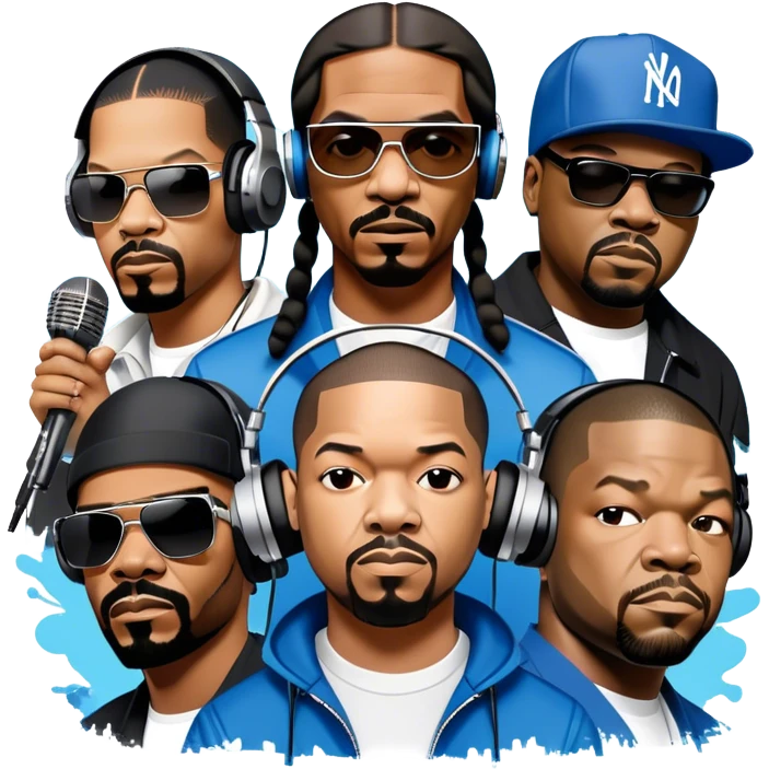 Icon for Rap Music: collage of rap legends—Snoop Dogg, Ice Cube, Dr. Dre, and 50 Cent. Iconic elements include microphones, headphones, and urban street elements like graffiti. Bold, energetic vibe with a hip-hop style. Transparent background. emoji