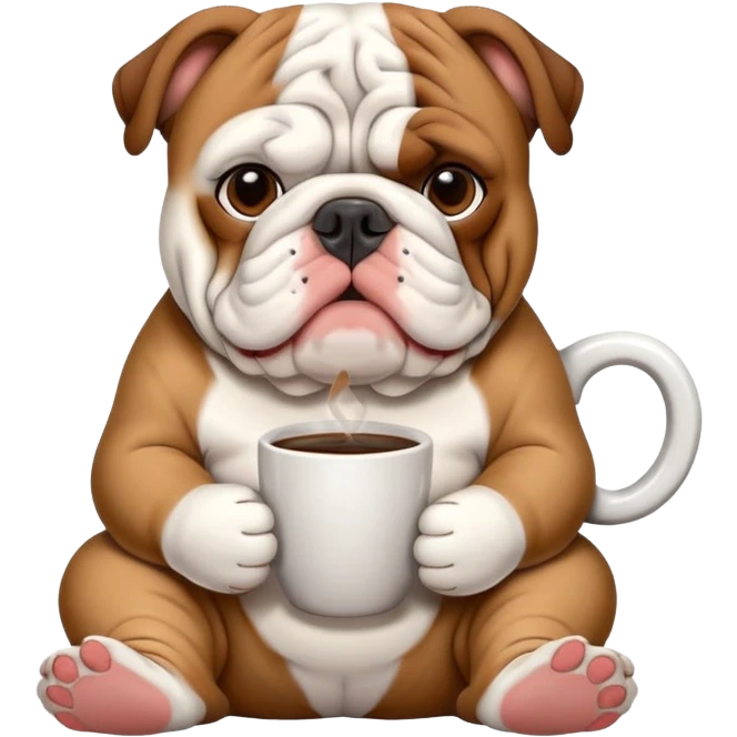 English bulldog sitting with a coffee cup emoji