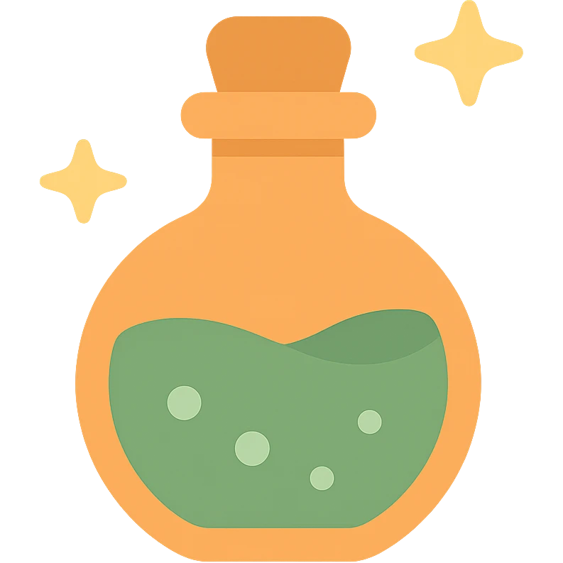 cute magic potion bottle with stars shining aroundв таких цветах FA9B41, 4A7C5C,  emoji