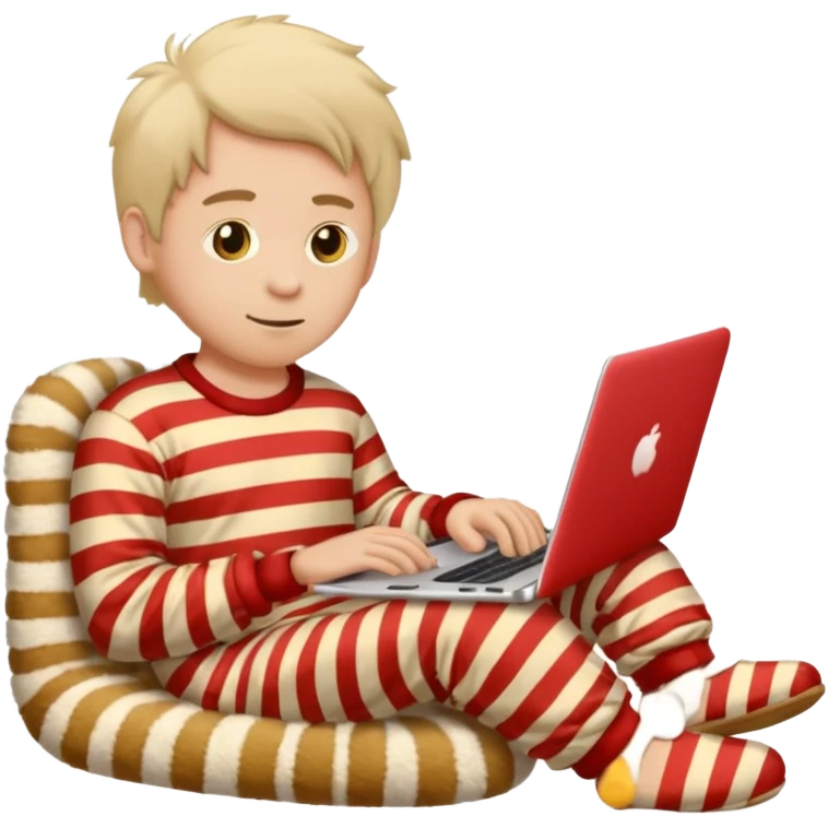 man in striped pajamas and fuzzy slippers typing on a laptop, emoji style emoji