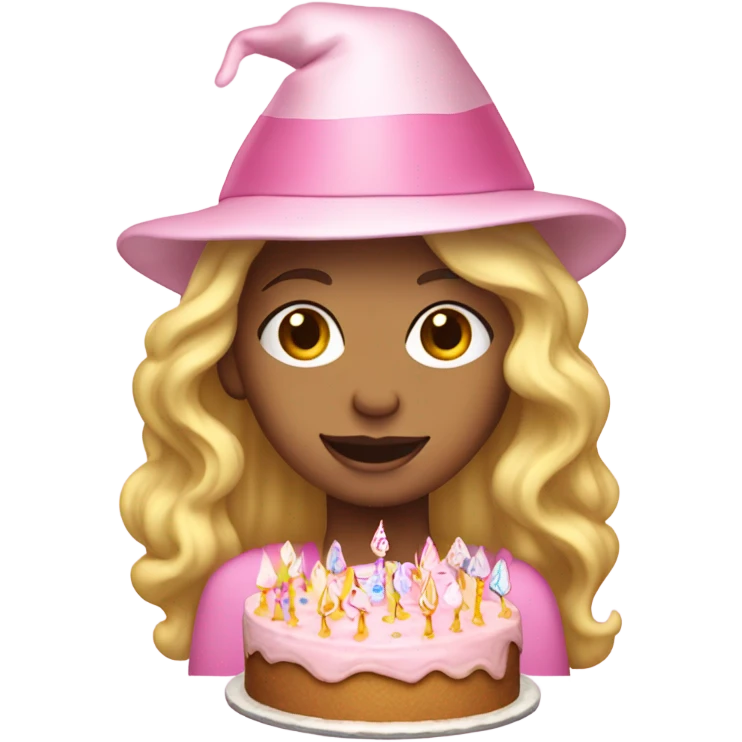 White woman, long hair, blonde hair, wavy hair, baby pink party hat, holding birthday cake emoji