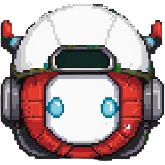 Red bomberman head only, round helmet with antenna, white face with determined eyes, pixel art style emoji