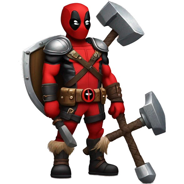 Deadpool holding Viking shield and thors hammer emoji