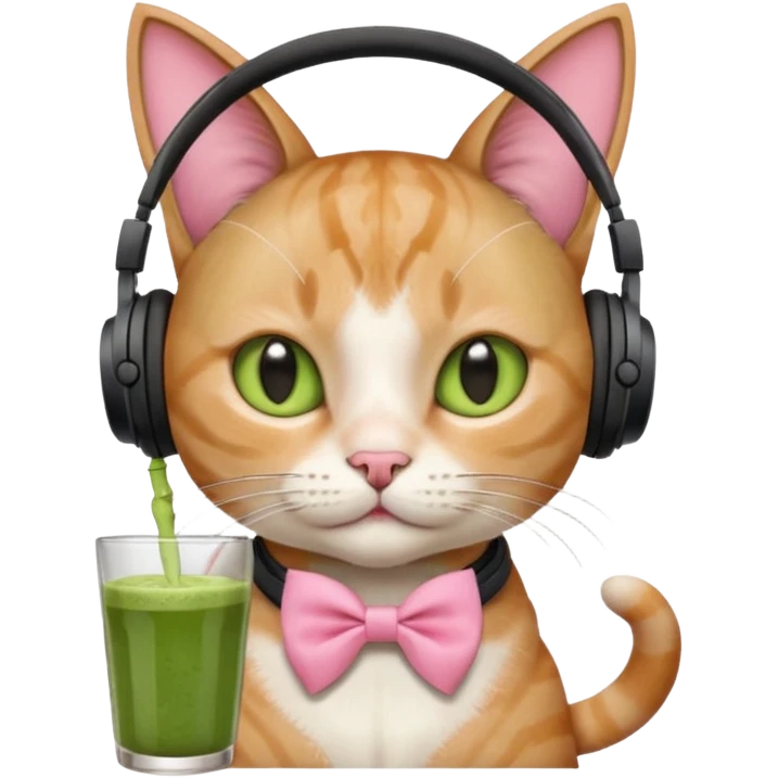 A cat wearing headphones with a glass of matcha, a pink bow on his ear emoji
