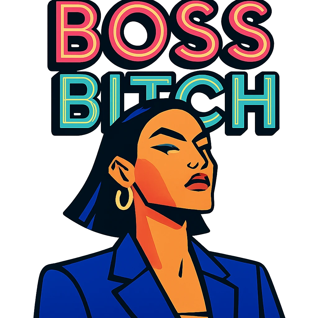 confident, glamorous woman with sharp jawline with 'Boss Bitch' in neon colors in vibrant toon style emoji