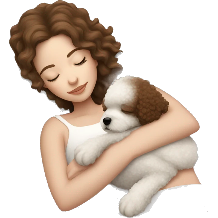White girl brown hair sleeping with Mini Bichon emoji