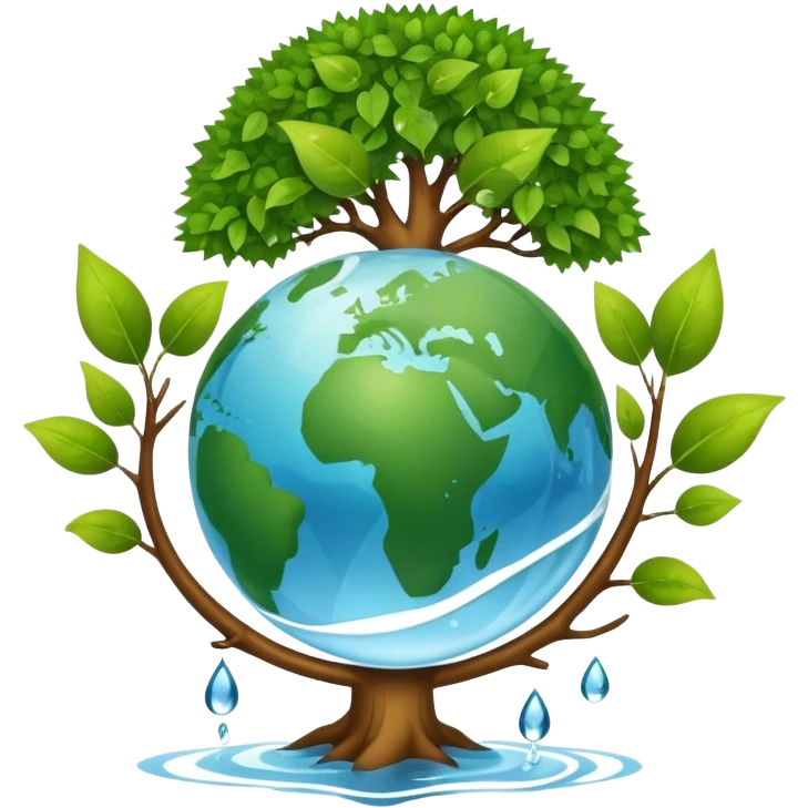 An icon featuring a tree, a recycling symbol, and a globe, representing ecology. The design includes green leaves, a water droplet, and wildlife, symbolizing the study of ecosystems, sustainability, and environmental protection. Transparent background. emoji