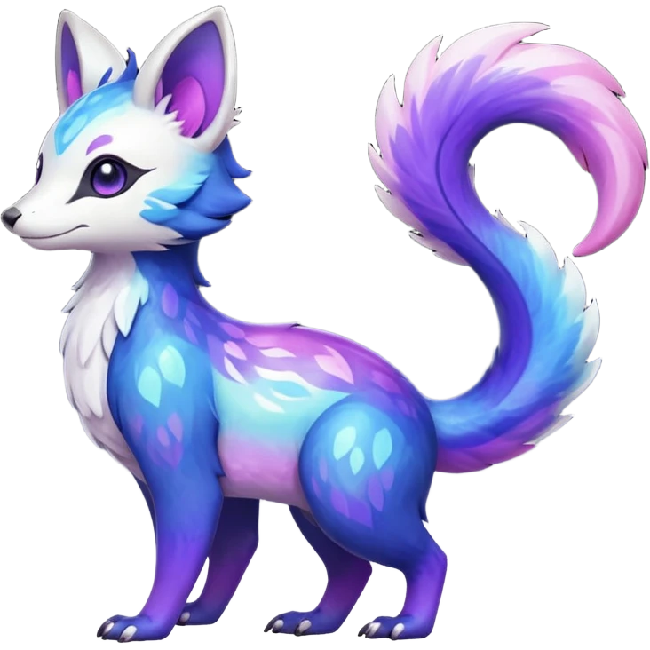  Shiny iridescent glossy oily smooth silky soft White with indigo-Violet-purple-pinkish-gradient markings beautiful handsome gorgeous aesthetic colorful vibrant Vernid-Trico-species-Fakemon-creature by LiLaiRa, 4 legs, 1 tail, random markings, (full body) emoji