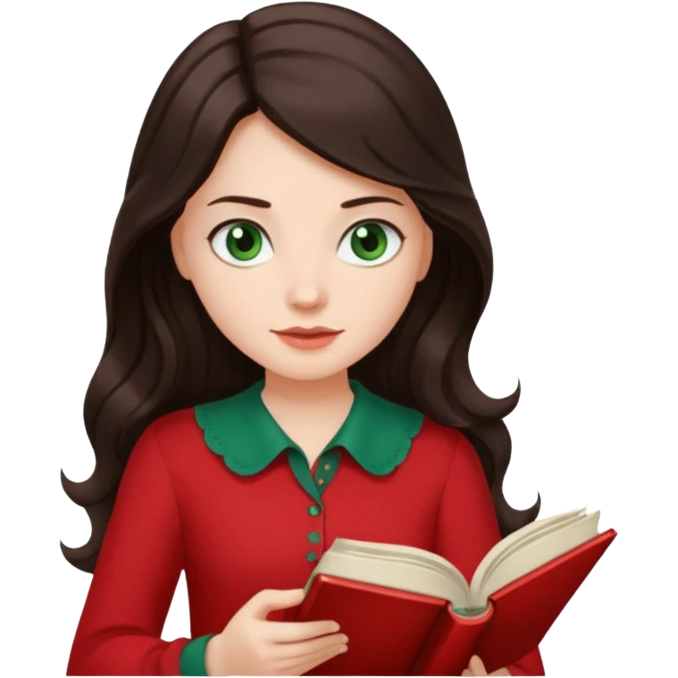 Long wavy dark brown haired, white skinned, dark green eyed girl in red blouse reading a book with a white background  emoji