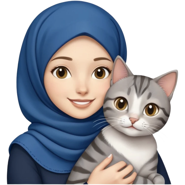 White girl wearing dark blue hijab with white shirt smiling while holding a black grey tabby cat emoji