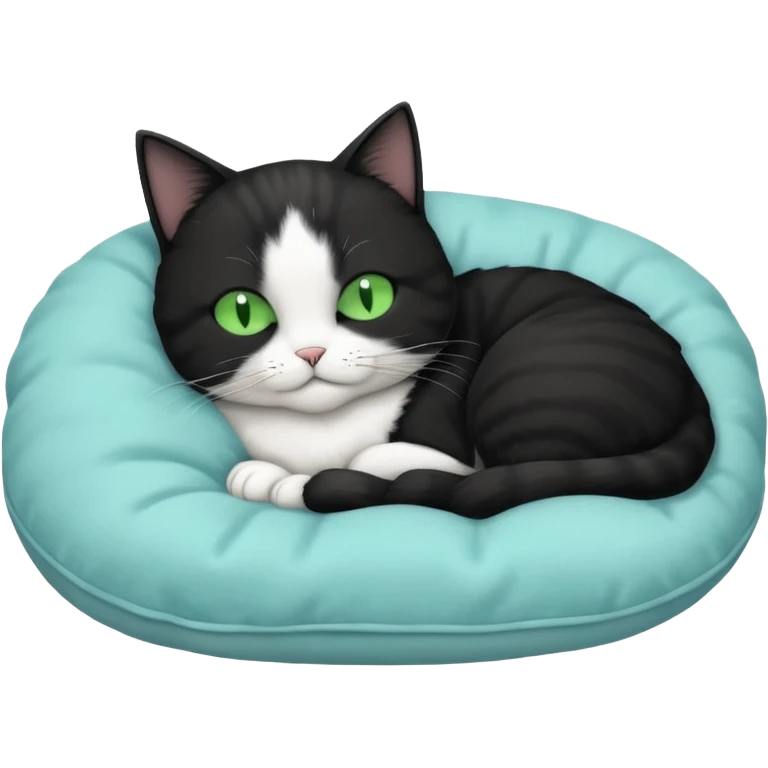 tuxedo short haired cat with green eyes sleeping in a lightblue pillow emoji