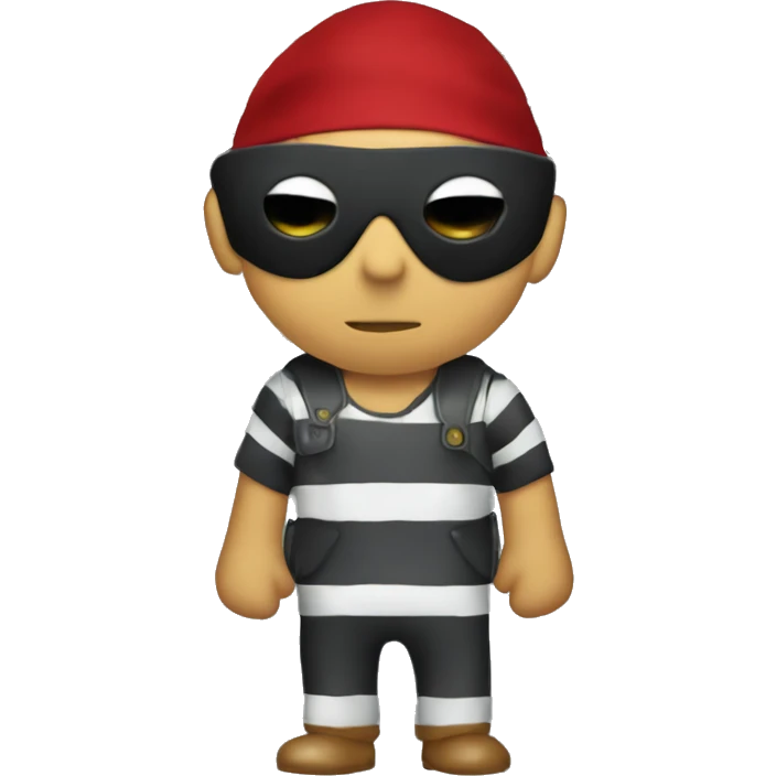 emoji of man thief holding a bag of money wearing striped clothes and black eye mask emoji