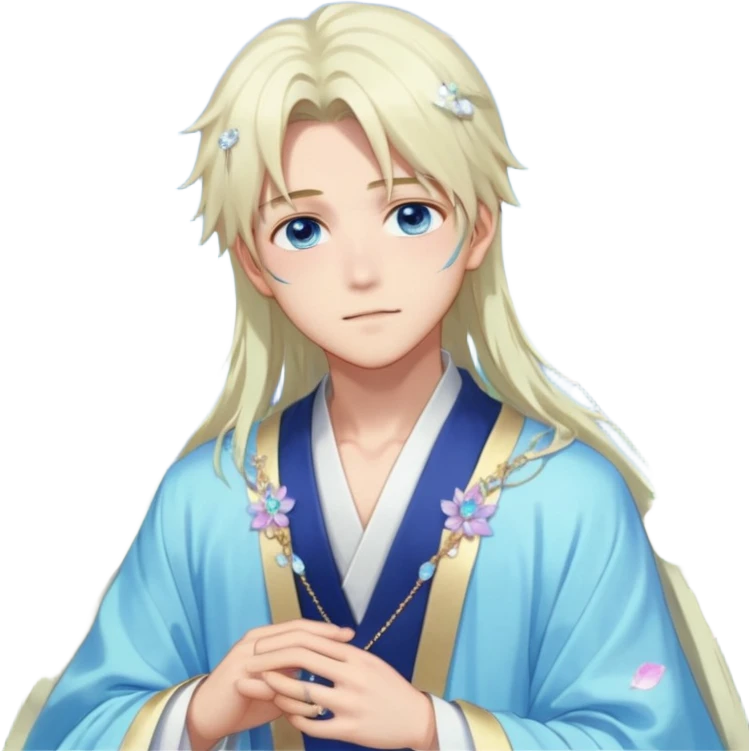 Beautiful gorgeous blushing blue-eyed youthful handsome anime guy with beautiful iridescent-pastel-whitish-special-medium-long-hair, fashion aesthetic, ethereal, fairycore, pastelcore, flower petals, crystals, layered robes, accessories, jewelries, gold, colorful, shiny, trending style, outside emoji