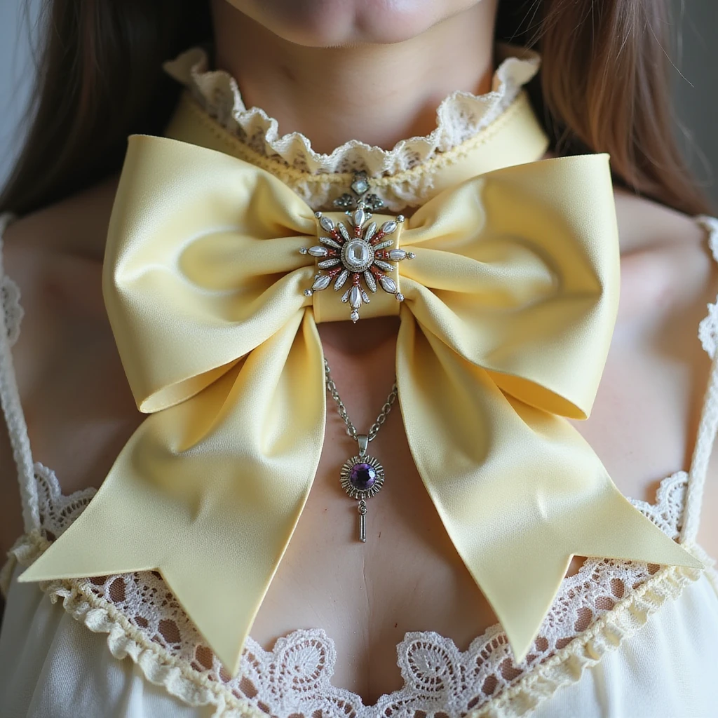 pastel yellow gothic bow and matching accessories including choker, hair clip, brooch, ring with lace and velvet details, photorealistic style, transparent background, variation 1 emoji