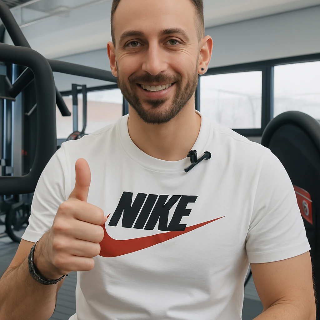 Edit the image of a man in a gym environment making an OK gesture with his thumb up, confirming positively with a natural and positive expression. Render in a photorealistic style. emoji